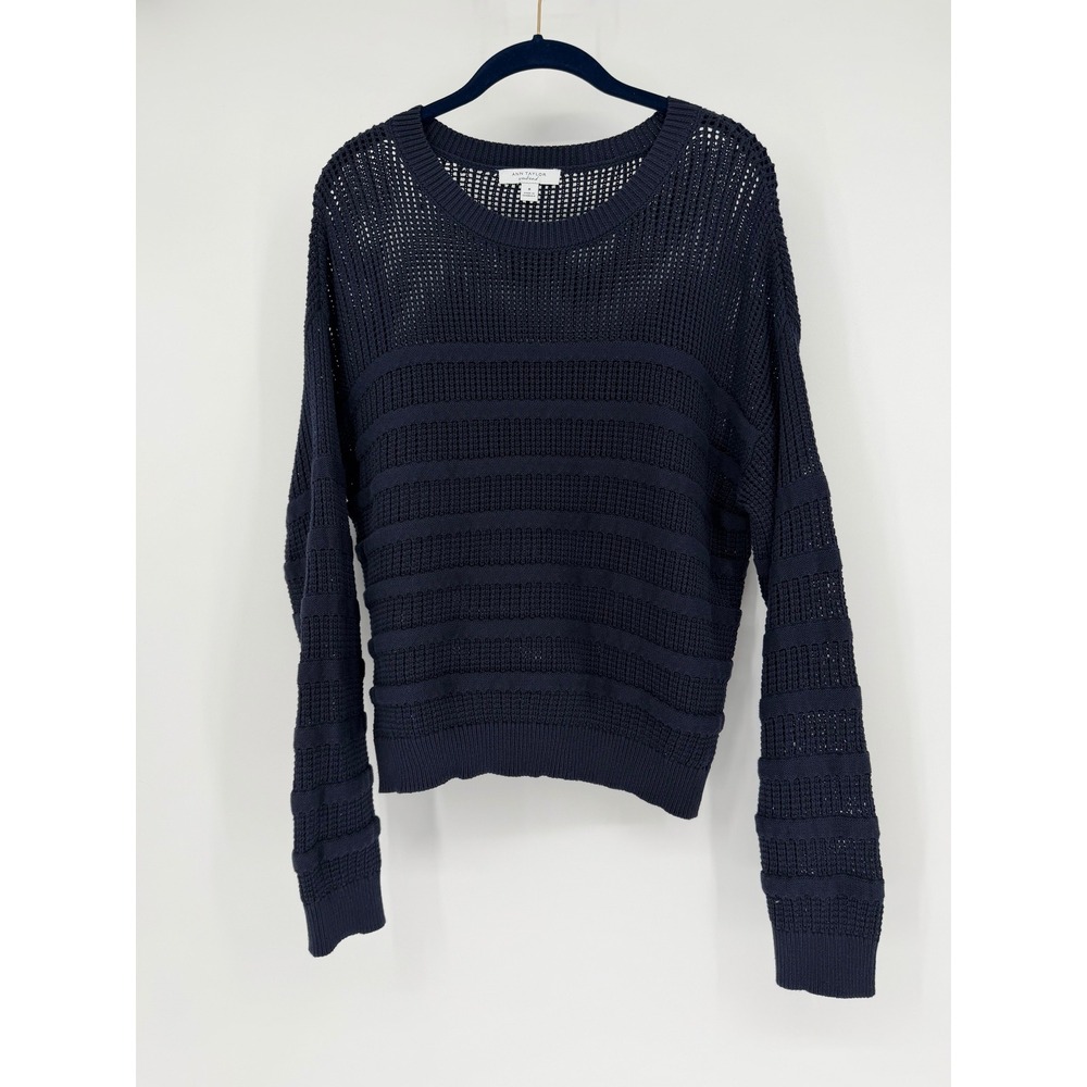 Ann Taylor Weekend Navy Blue Open Knit Striped Sweater Womens Medium Pullover